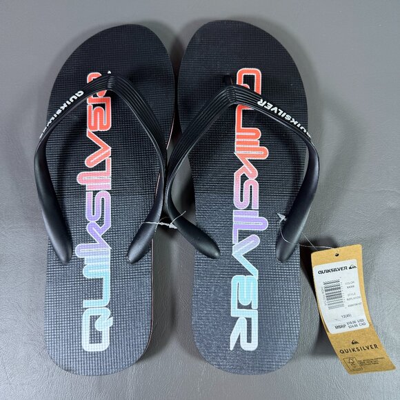 Quiksilver Molokai Flip Flops Mens Size 12 Thong Sandals Black Colorful Script - Picture 1 of 11